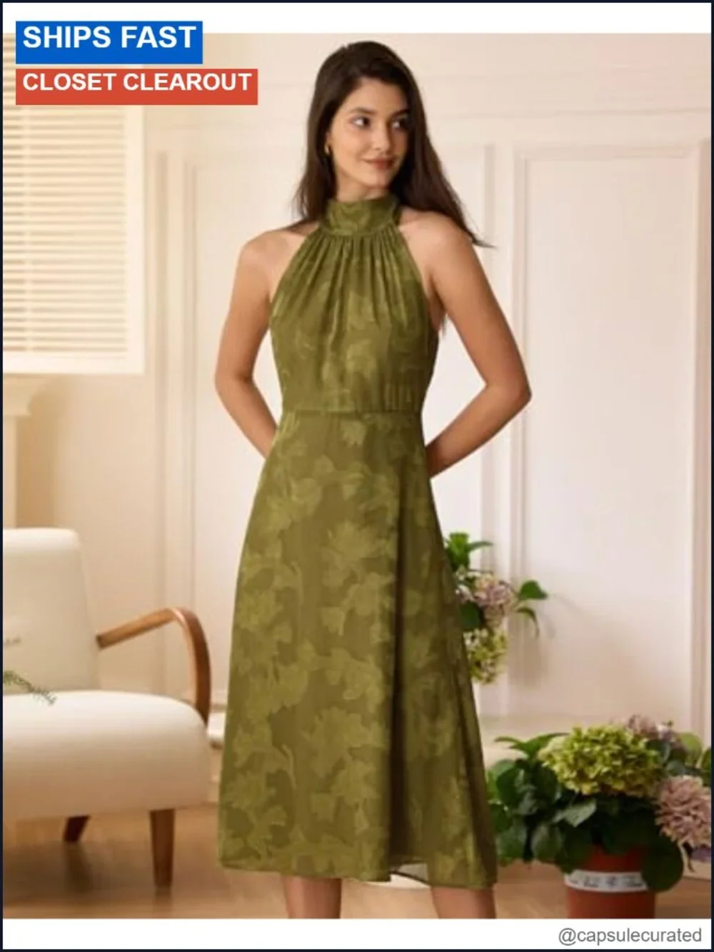 Halter Neck Sleeveless Midi Dress Floral A-Line Summer Semi Formal
